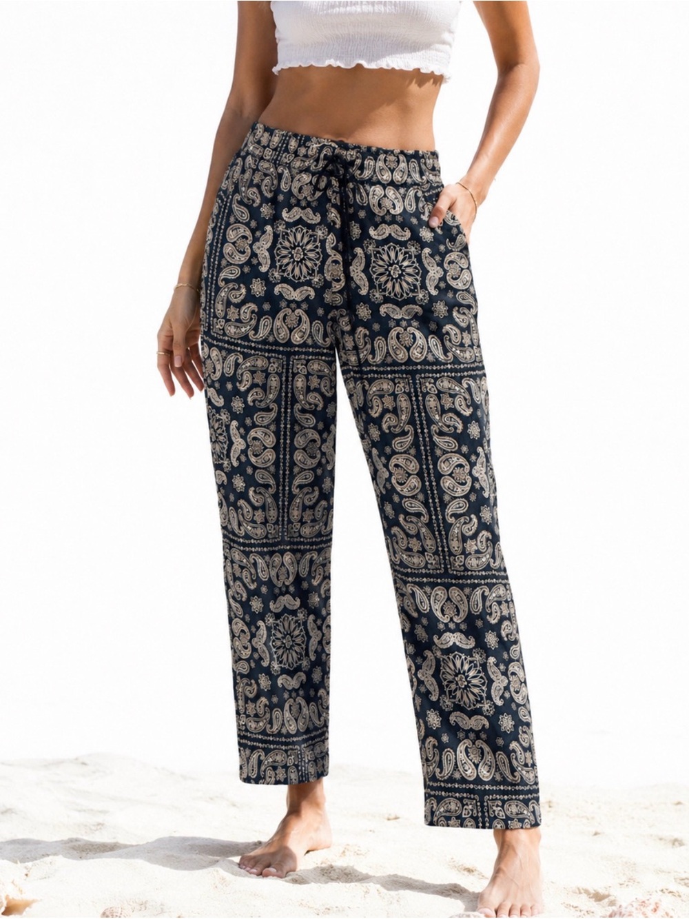 PacSun Navy and Cream Paisley Wide-Leg Pants